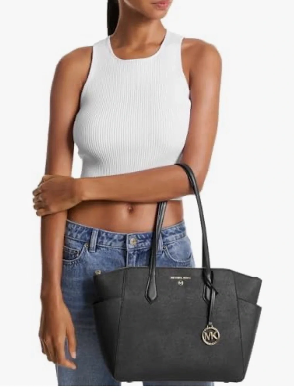 Michael Kors Black Saffiano Tote with Gold Logo Charm